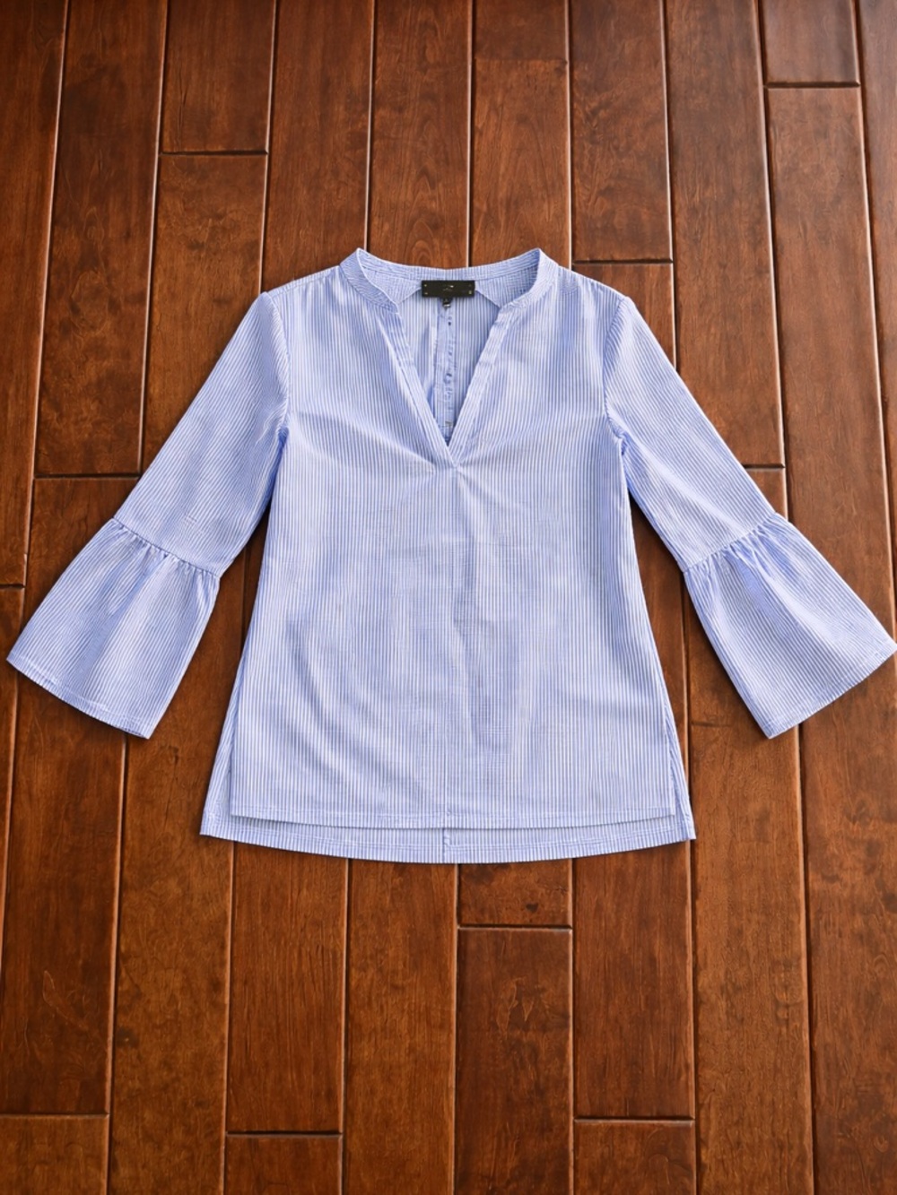 Ann Taylor Light Blue Pinstriped V-Neck Bell Sleeve Top